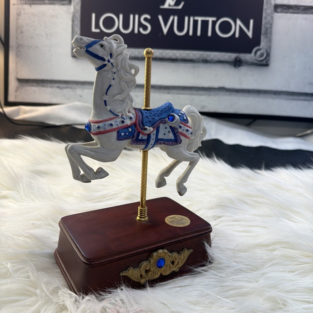 San Francisco  Music Box Carousel Horse Ltd Ed Sapphire Jewels 1990 Works Mint99